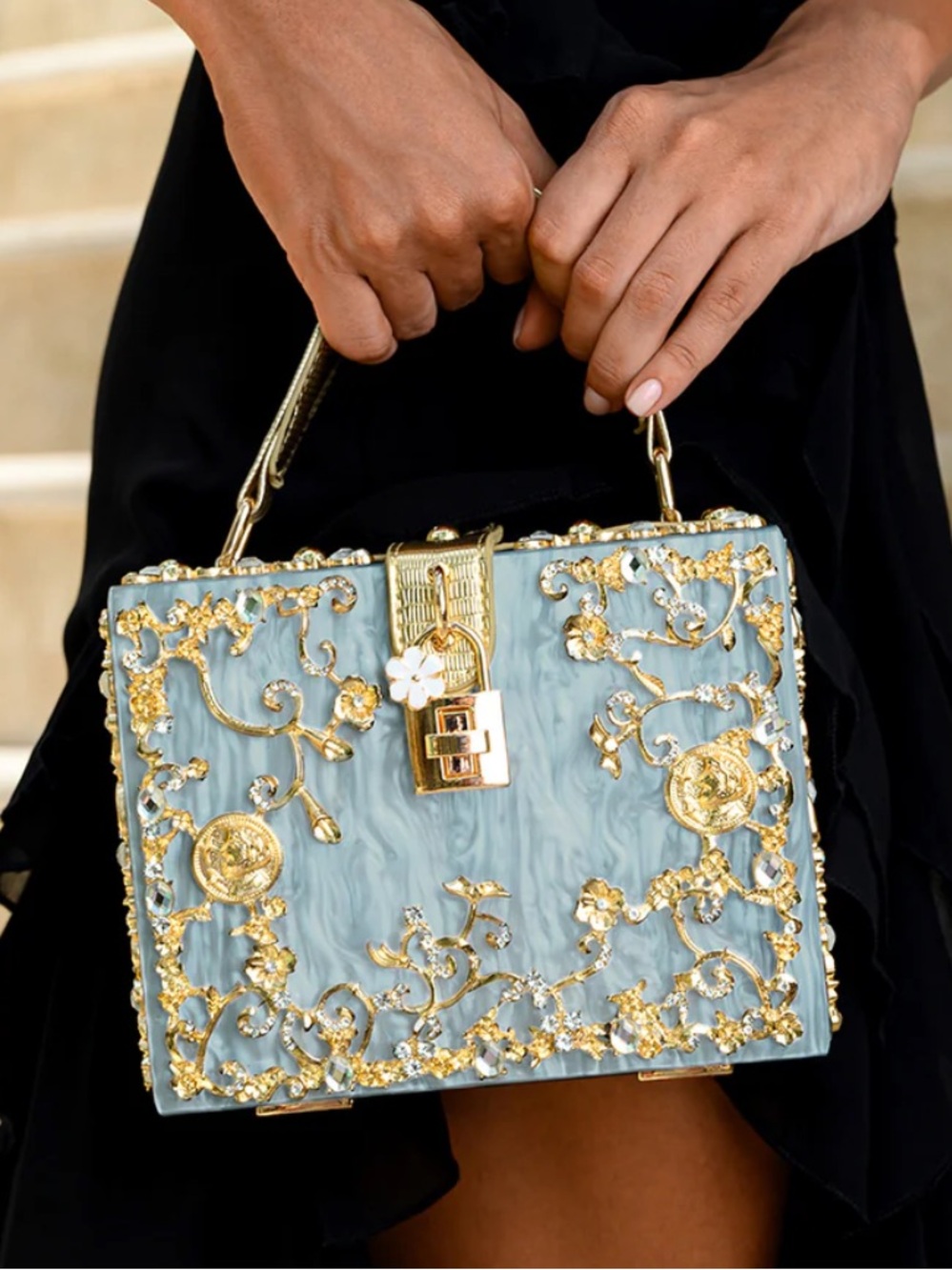 Verano Hill Elegant Blue and Gold Embellished Handbag / Acrylic Box Handbag  NWT